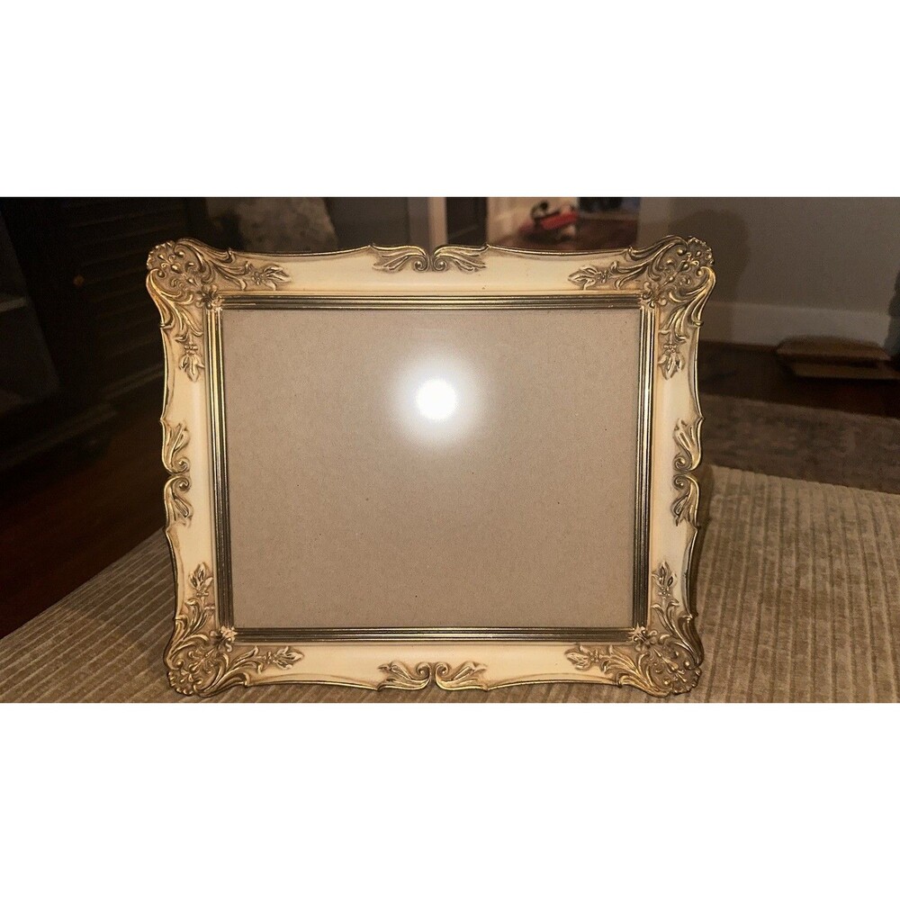 Vtg Picture Frame MCM Hollywood Metal Ornate Gold Beige Wall Hang 8x10 Scalloped
